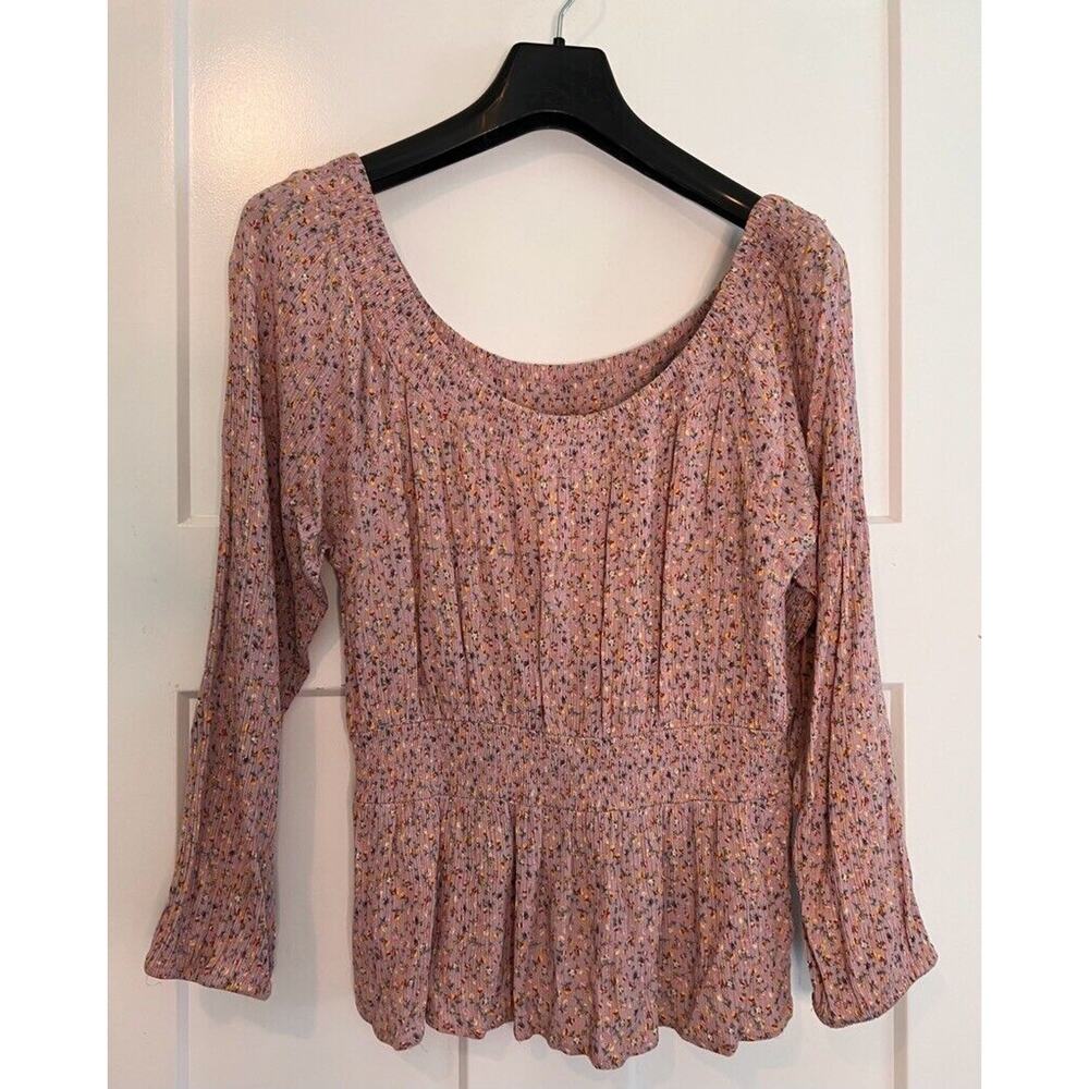 Hippie Rose Womens Casual Top Multicolor Floral Long Sleeve Smocked Boho XL